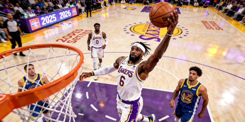 2026年NBA湖人队与勇士队比赛球员扣篮瞬间
